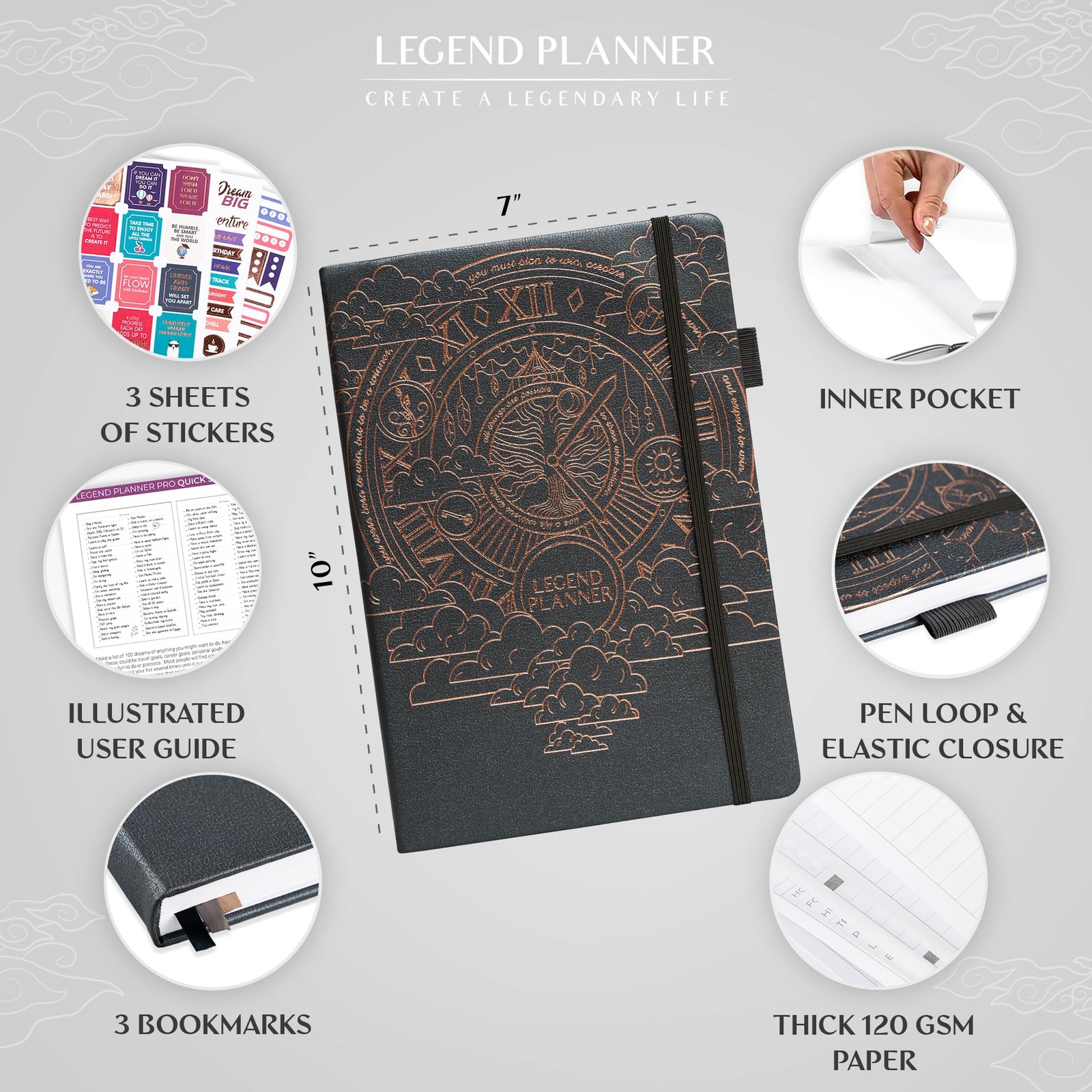 Legend Planner PRO – Deluxe Weekly & 7 x 10 inches, Mystic Gray + Gold Foil