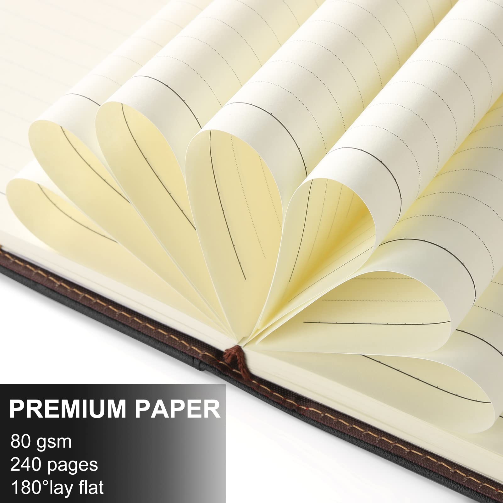 A5 Lined Leather Journal with Pen, 240 Pages Refillable Paper, Black