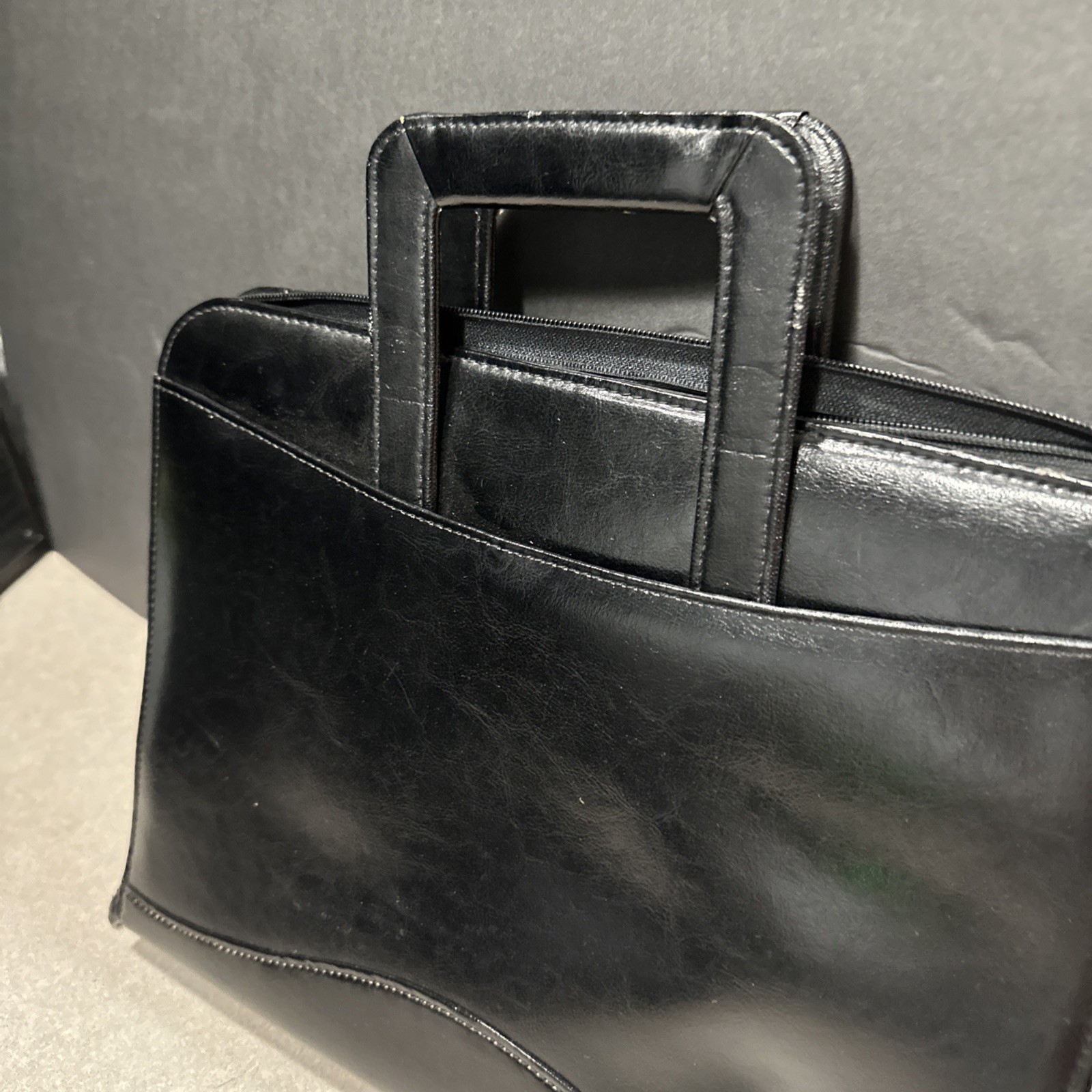 Vintage 1994 90s Black LEATHER 3 RING BINDER/NOTE BOOK Organizer Briefcase