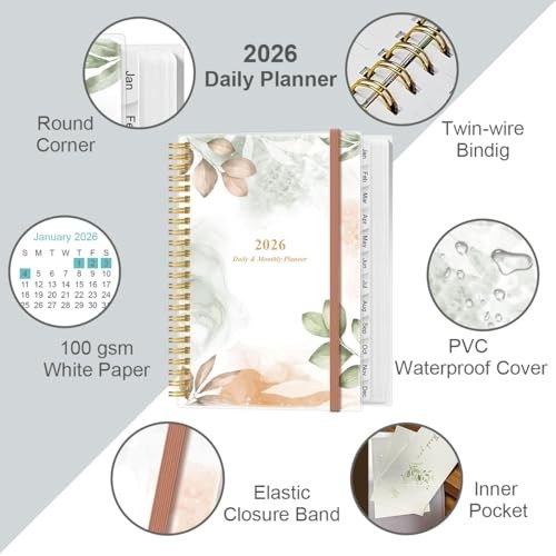 2026 Daily & Monthly Planner – One Page Per Day, 12 Monthly Tabs, 6.4″ x 8.5