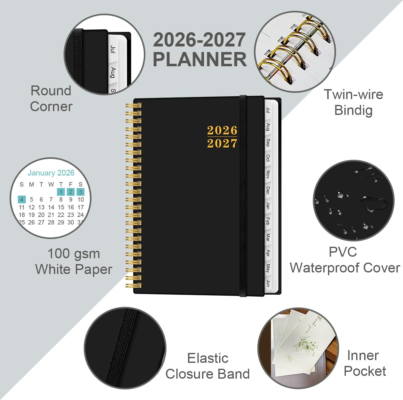 2026-2027 Planner – Weekly and Monthly Calendar 6.4″ x 8.5″, Black