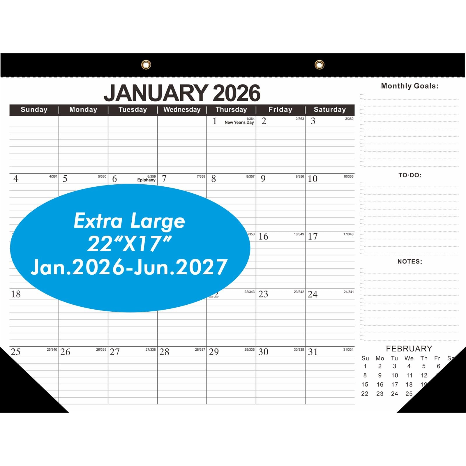 ZTX 2026 Calendar Desk Calendars as Big 22″x17″Jan.2026-Jun.2027, Black
