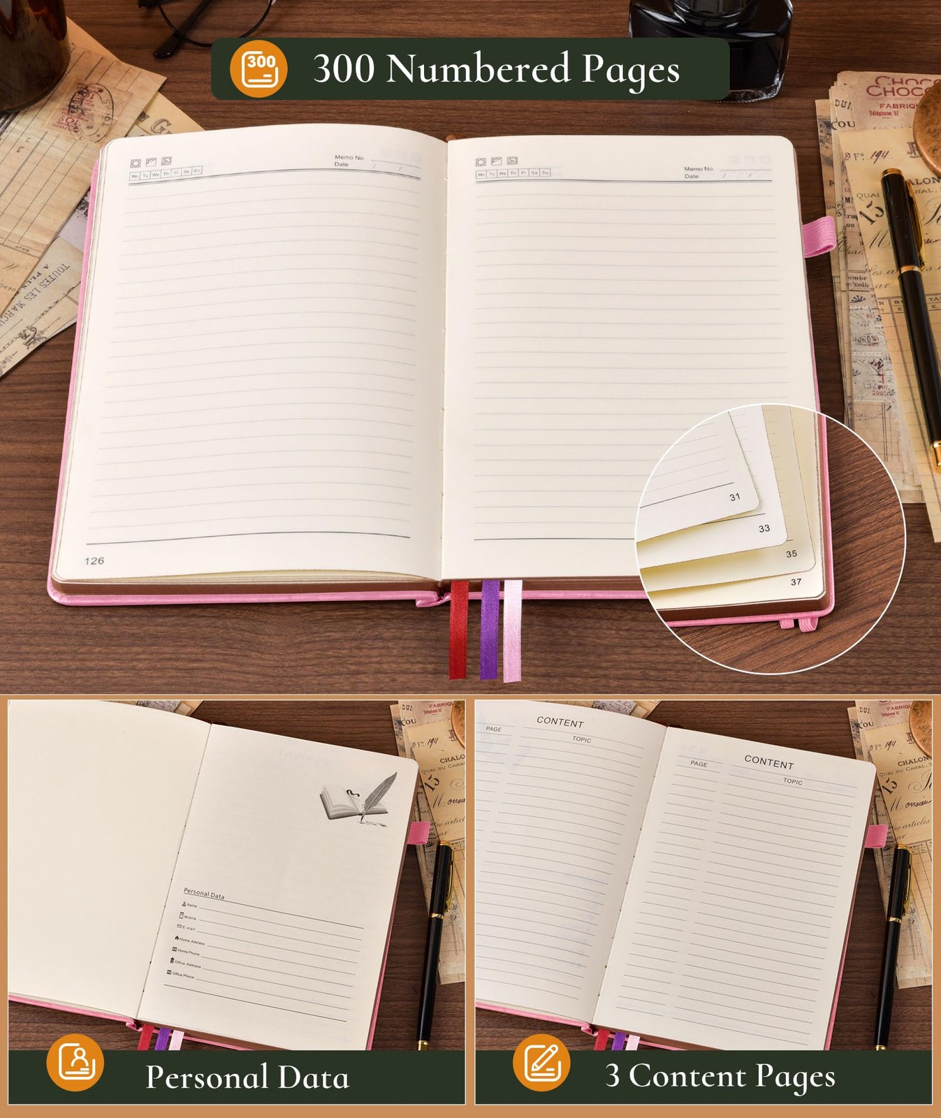 Vintage Leather Journal with 300 Numbered Pages,A4 A4 (8.5in X 11.3in), Pink