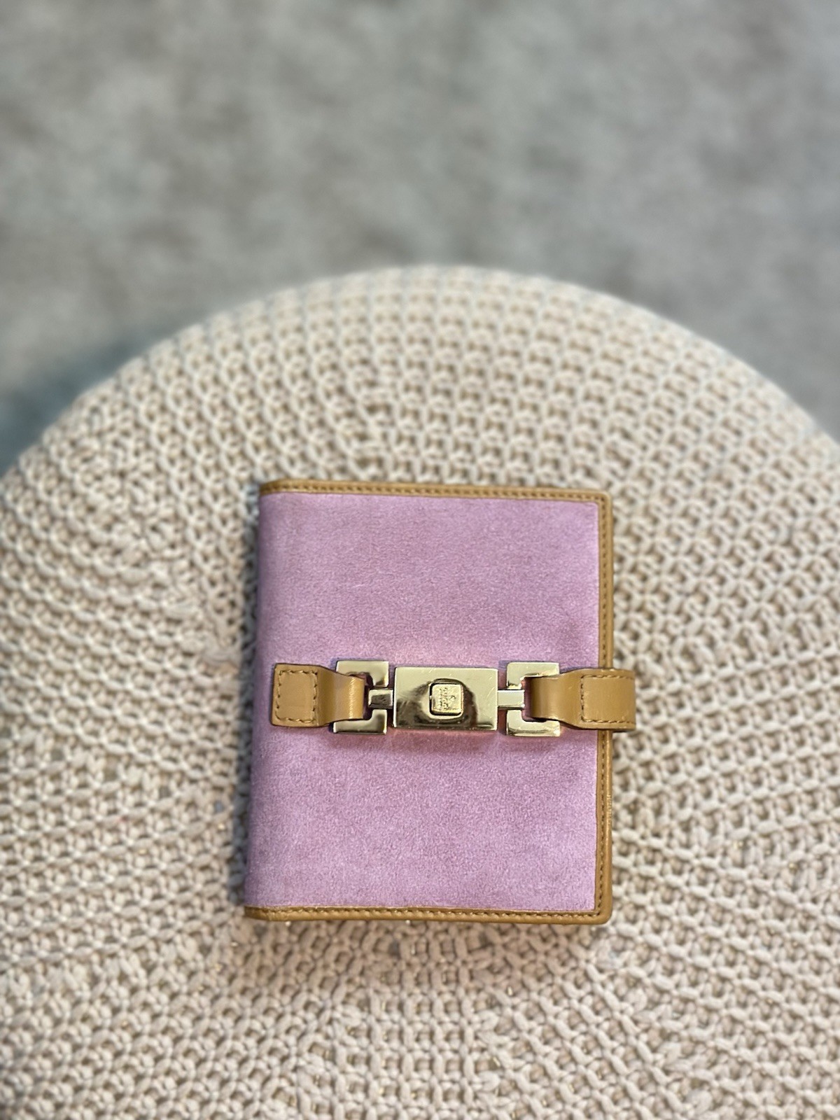 Authentic Pink Gucci Suede Agenda with Gold Hardware and Tan Leather Trim