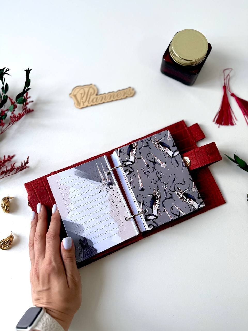 Mini red leather notebook-wallet cover A7 Big rings mini wallet. Mini Planner.