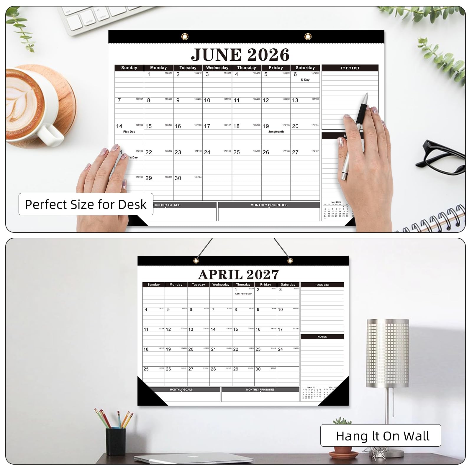 Tcamp 2026 Calendar, Desk Calendar 17″x12″(Jan 2026-Jun 2027), Black+White