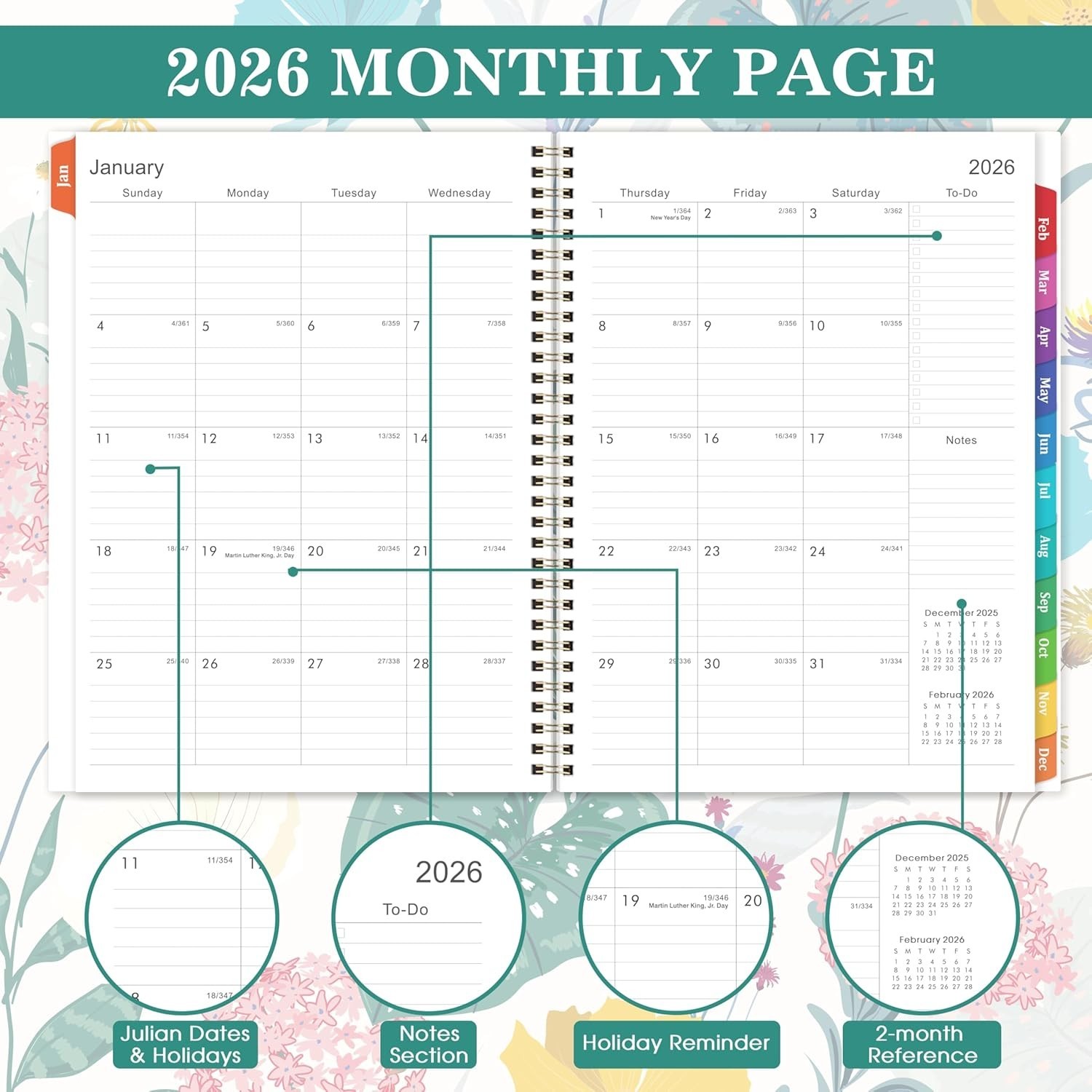 2026 Weekly & Monthly Planner 9×11 Jan–Dec Twin Wire Binding with Tabs