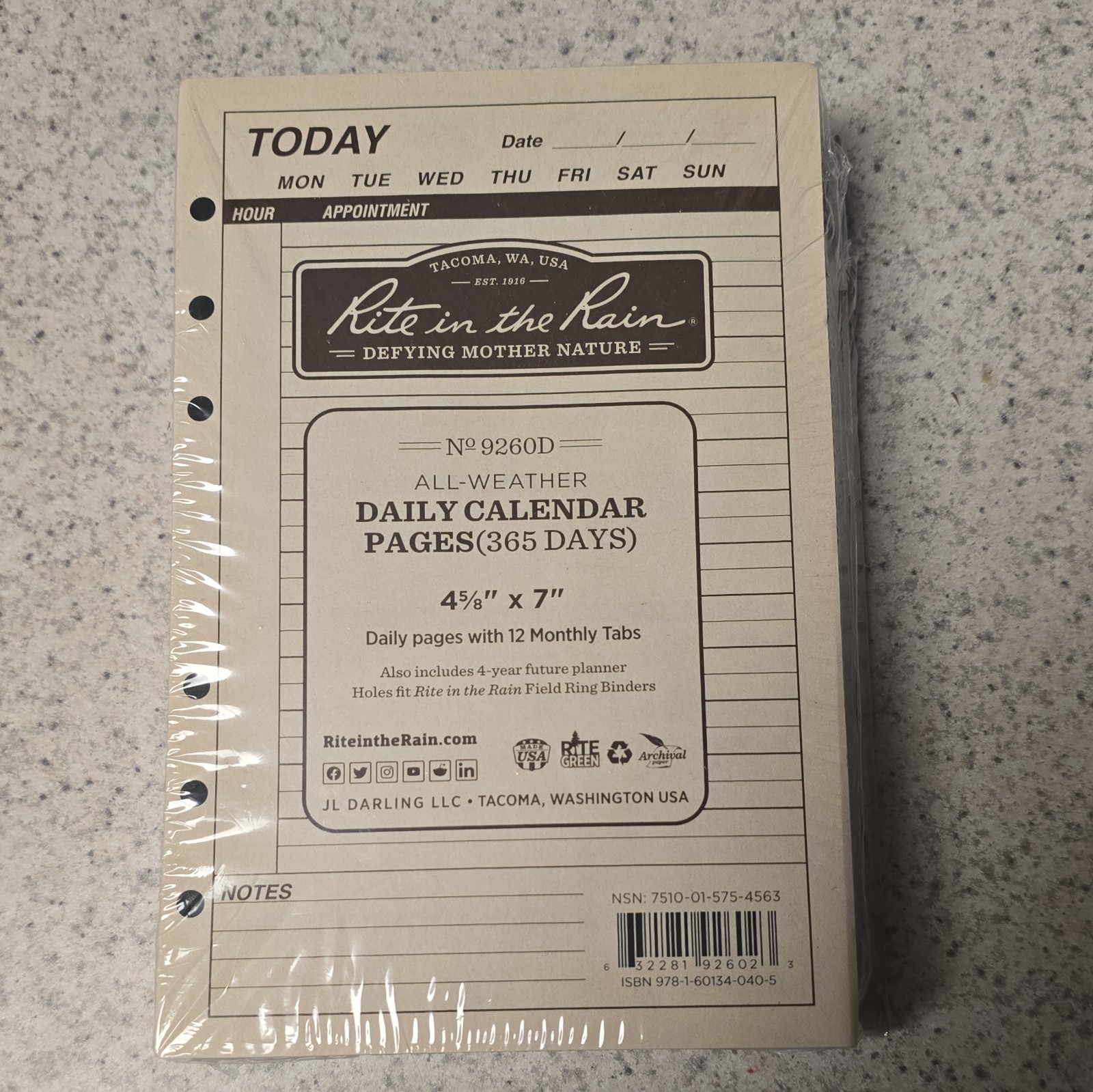 Rite In The Rain 9260D 4-5/8″ X 7″ All Weather Daily Calendar Pages 365 days Tan