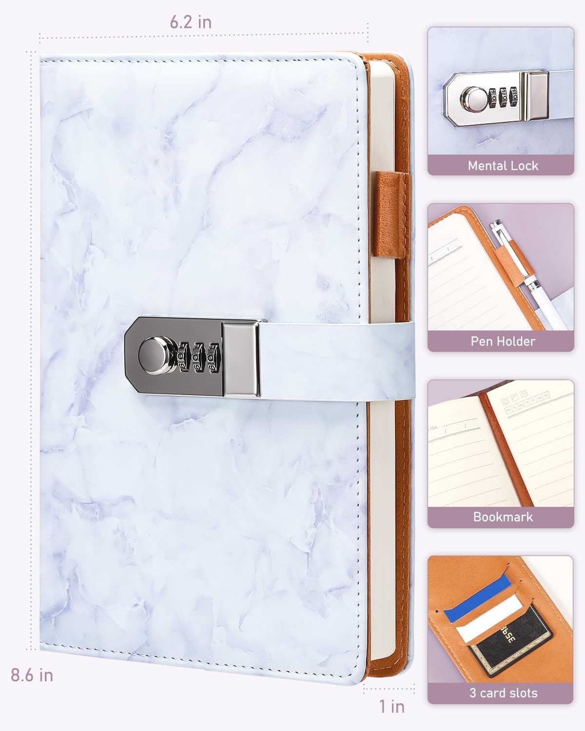 Marble Diary with Lock for Girls and Women, Lockable A5 Secret Journal