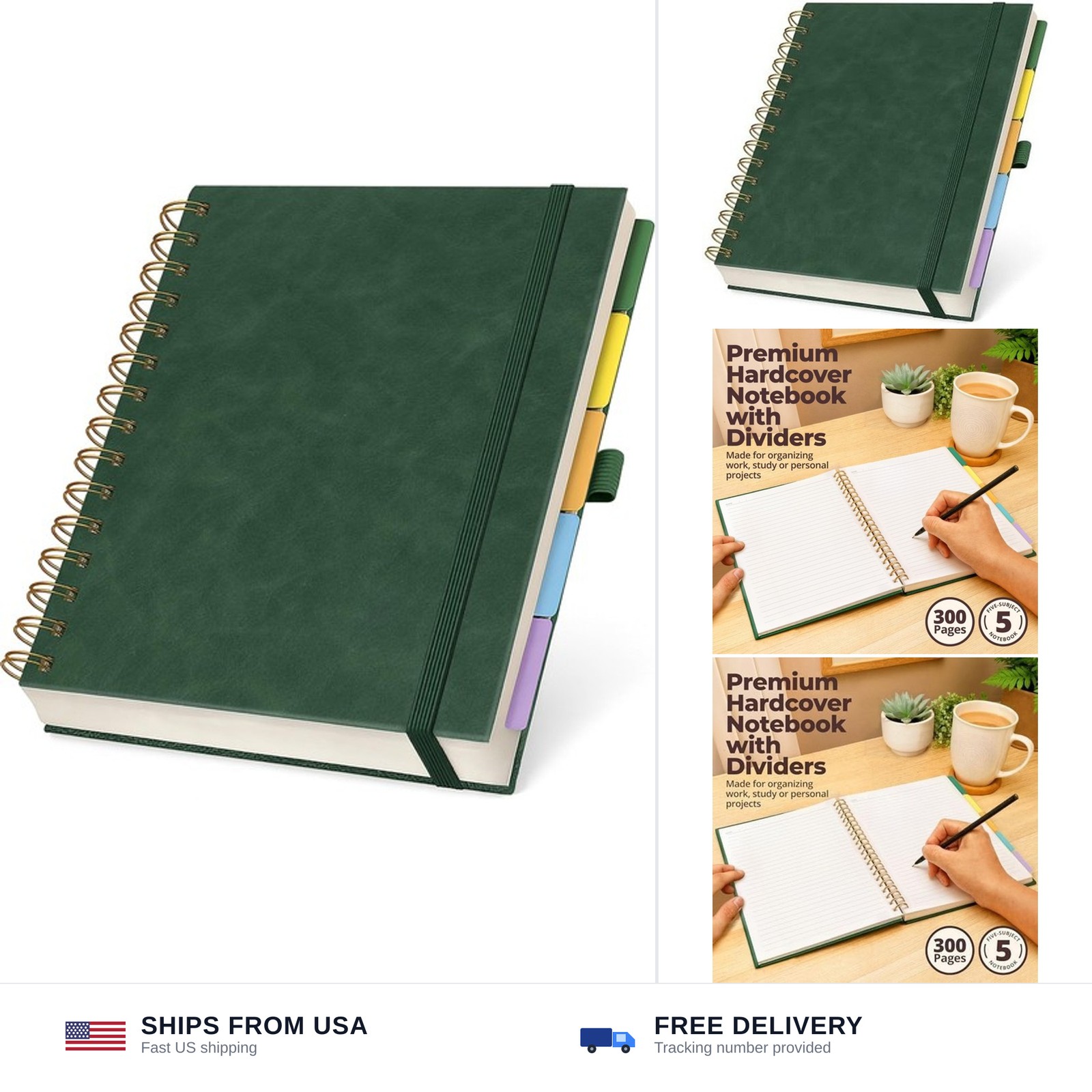 Hardcover Leather Lined Spiral Notebook 8×10″ with Removable Dividers – Green…