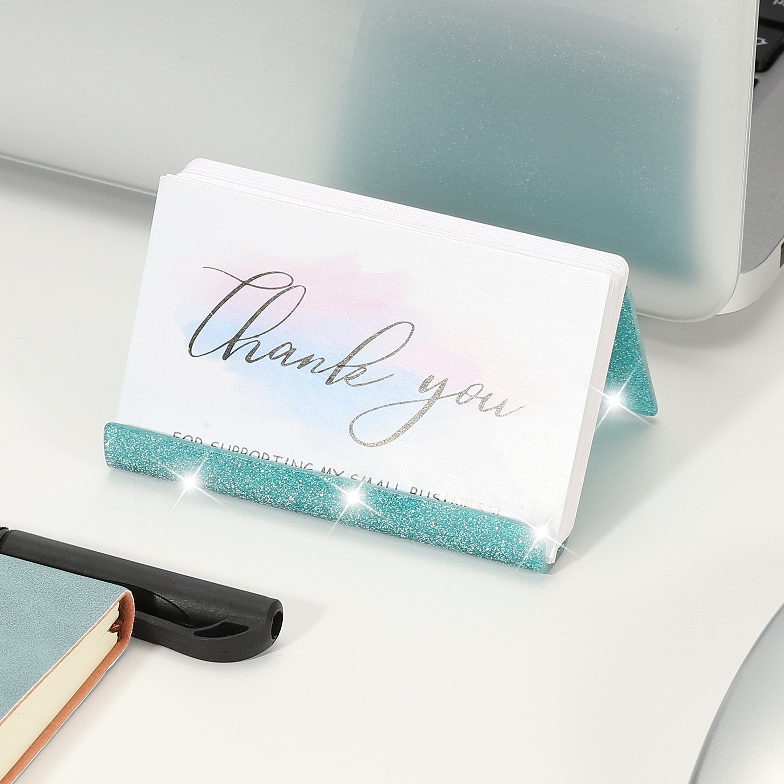 Business Card Holder for Desk, 2Pcs Acrylic Card Holders Shine, Lake Blue
