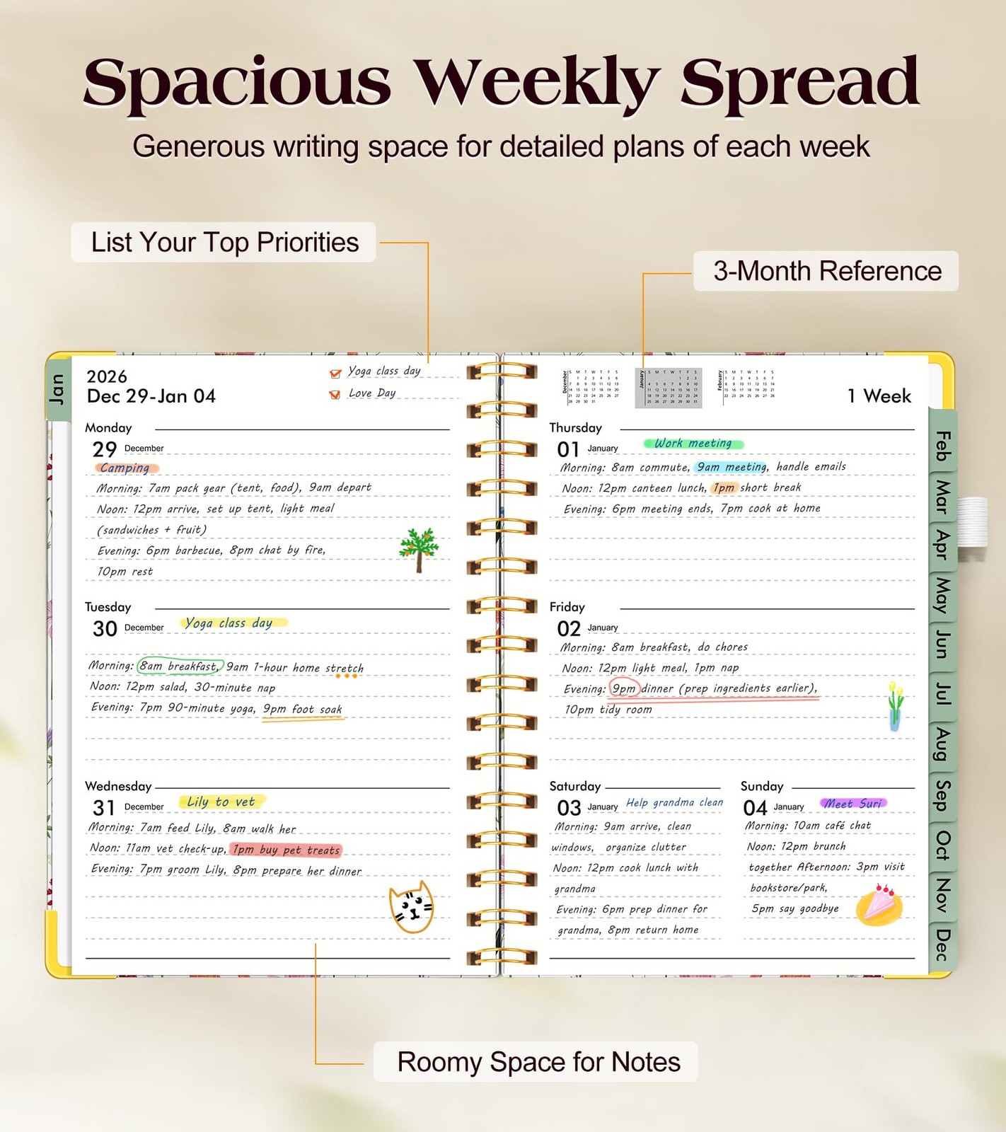 2026 Hardcover Weekly Monthly Planner A5 Spiral Agenda Wildflower Cover