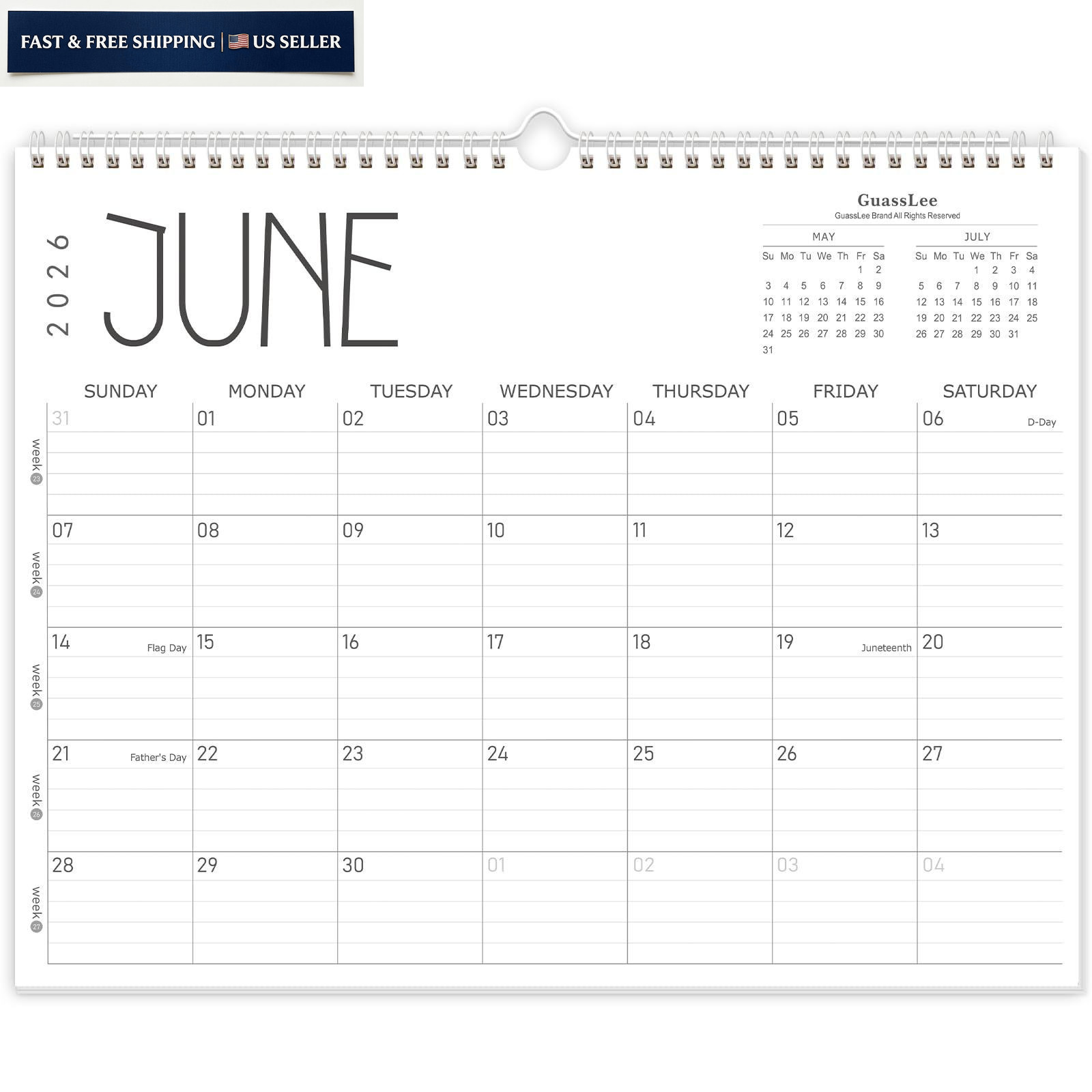 GuassLee Wall Calendar 2026, 2026-2027 14″x11″, Jun 12month