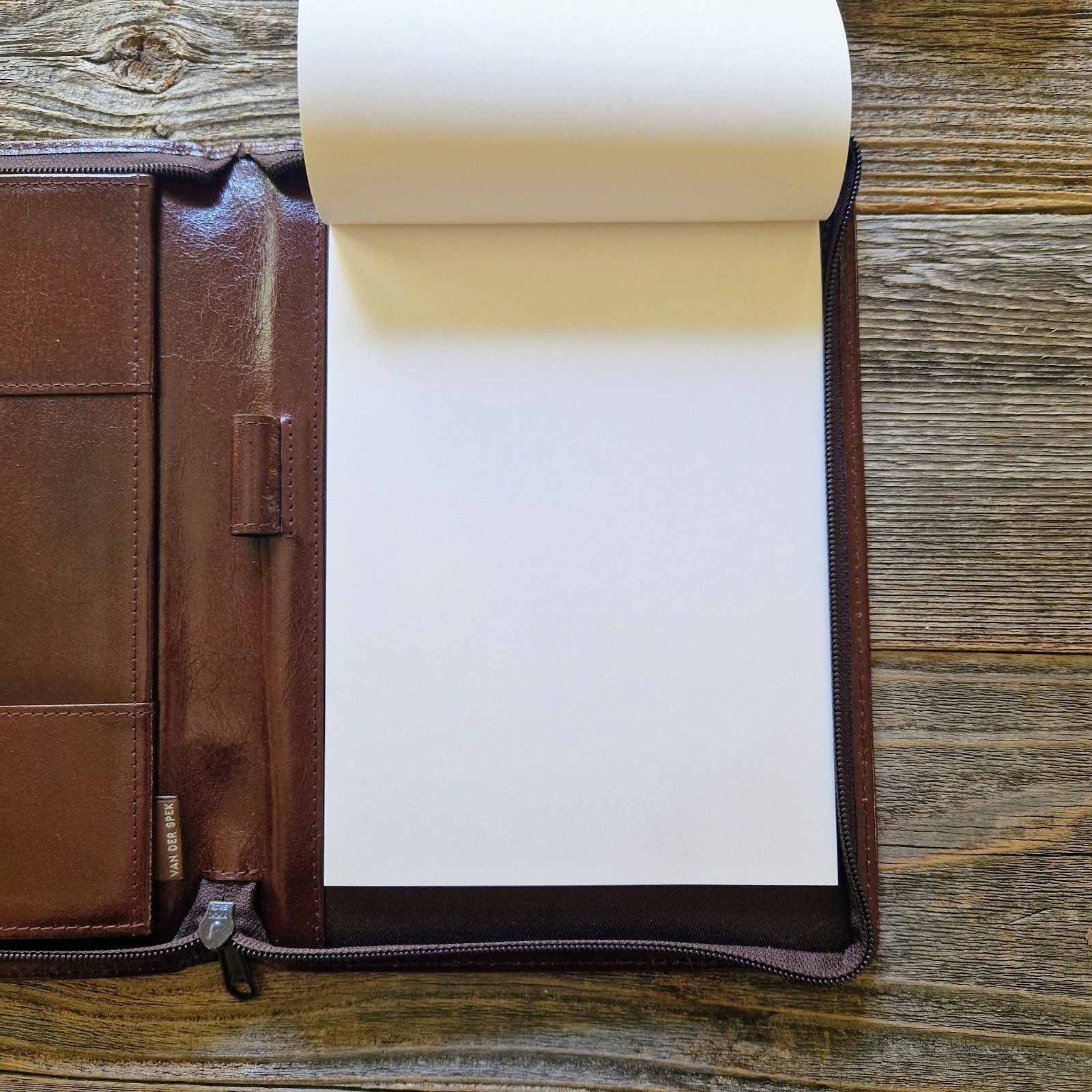 Van der Spek Luigi Raphael A5 Zip Chestnut Leather Writing Case w/ Notepad