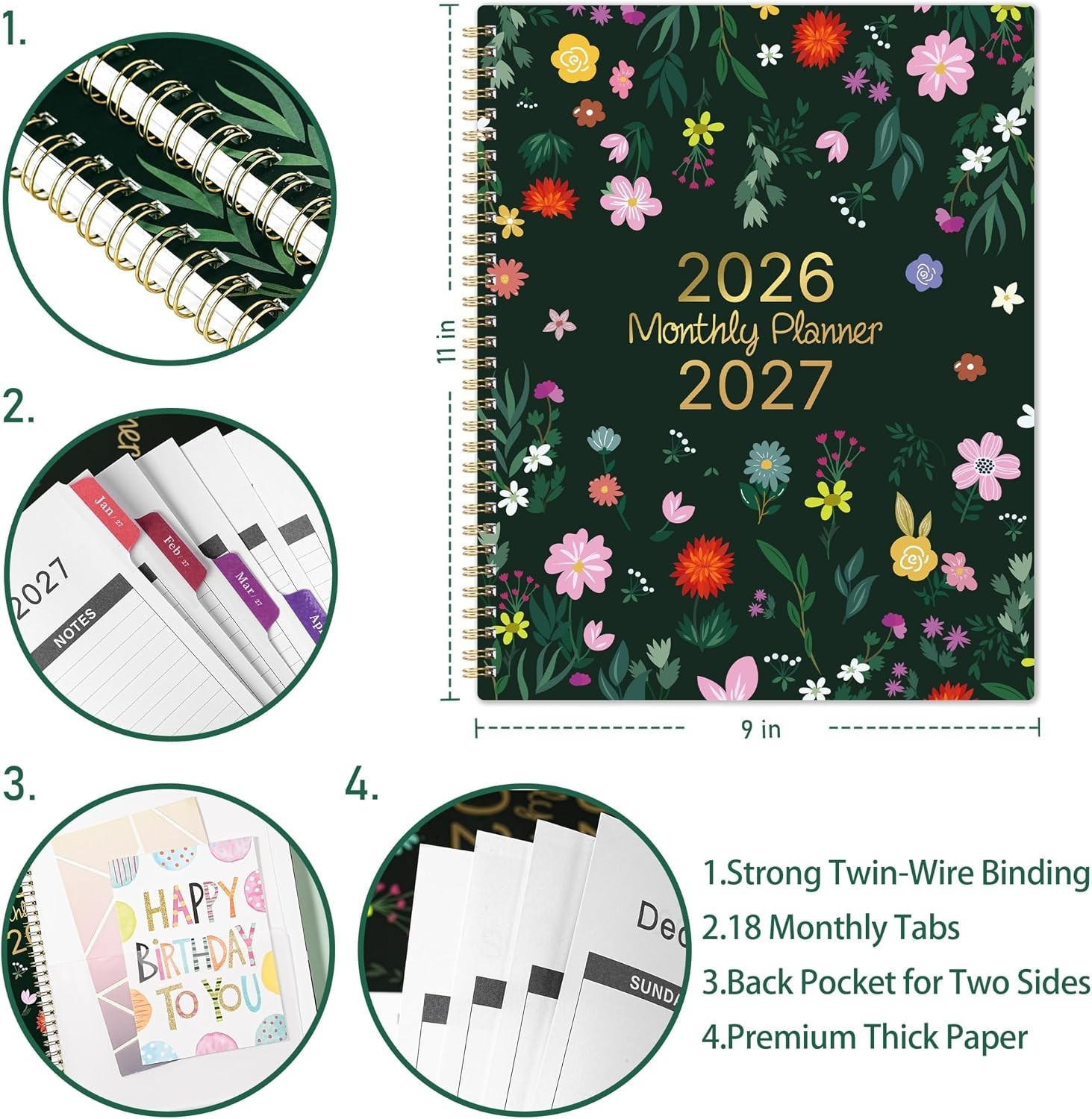 2026-2027 Monthly Calendar – 9″ x 11″ with Colorful Tabs and Back Pocket