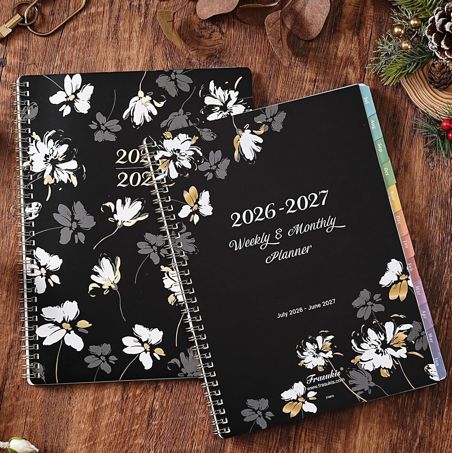 Chic Floral Weekly & Monthly Planner 2026-2027 with Colorful Tabs & Pocket