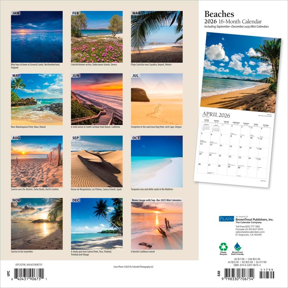 Beaches | 2026 12×24″ (Hanging) Monthly Square Wall Calendar