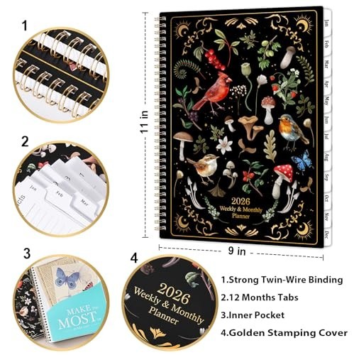 2026 Planner 9×11 January to December Weekly Monthly Twin-Wire Binding Tabs