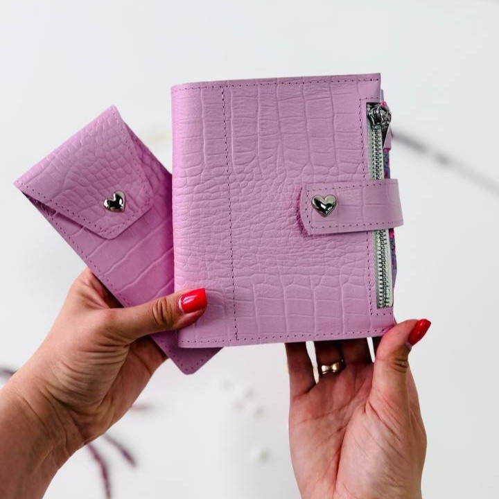 Luxury Genuine Leather Mini Planner Set – Pocket Size A7 – Lilac Croc Embossed