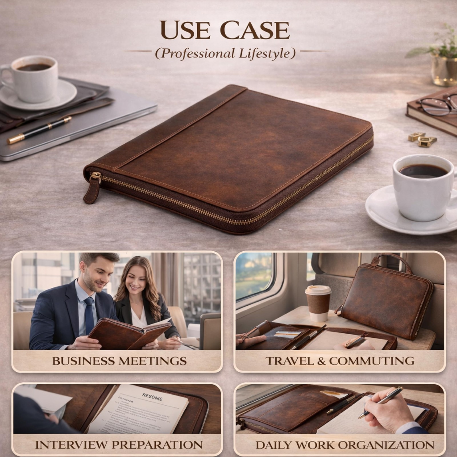 Genuine Leather Padfolio Zipper Portfolio with 13 Inch Laptop Pocket, Profess…
