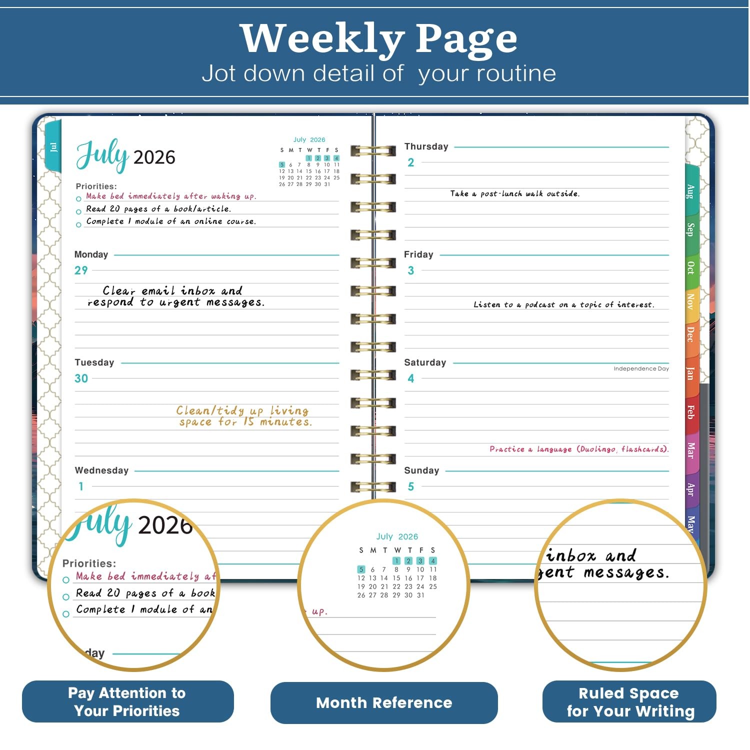 Academic Planner 20262027 Weekly Monthly 6.5 x 8.5 Colorful Tabs Thick Paper