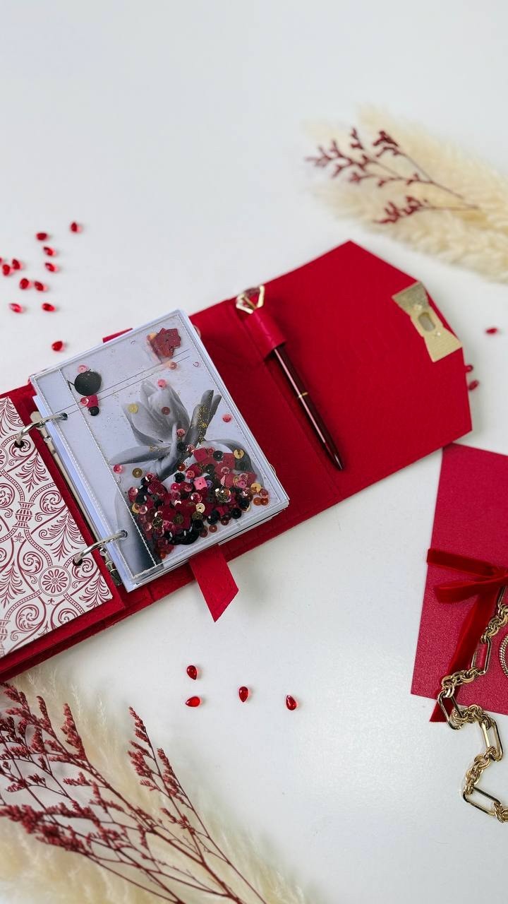 Red leather notebook cover A7 mini wallet. Lined day with time planner gift.