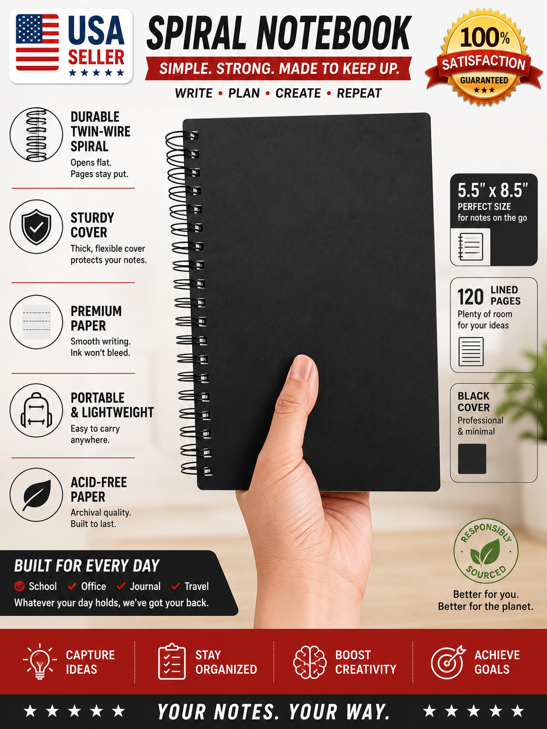 Blank Spiral Notebook, 1-Pack, Soft Cover, Sketch book, 100 Pages / 50 Sheets