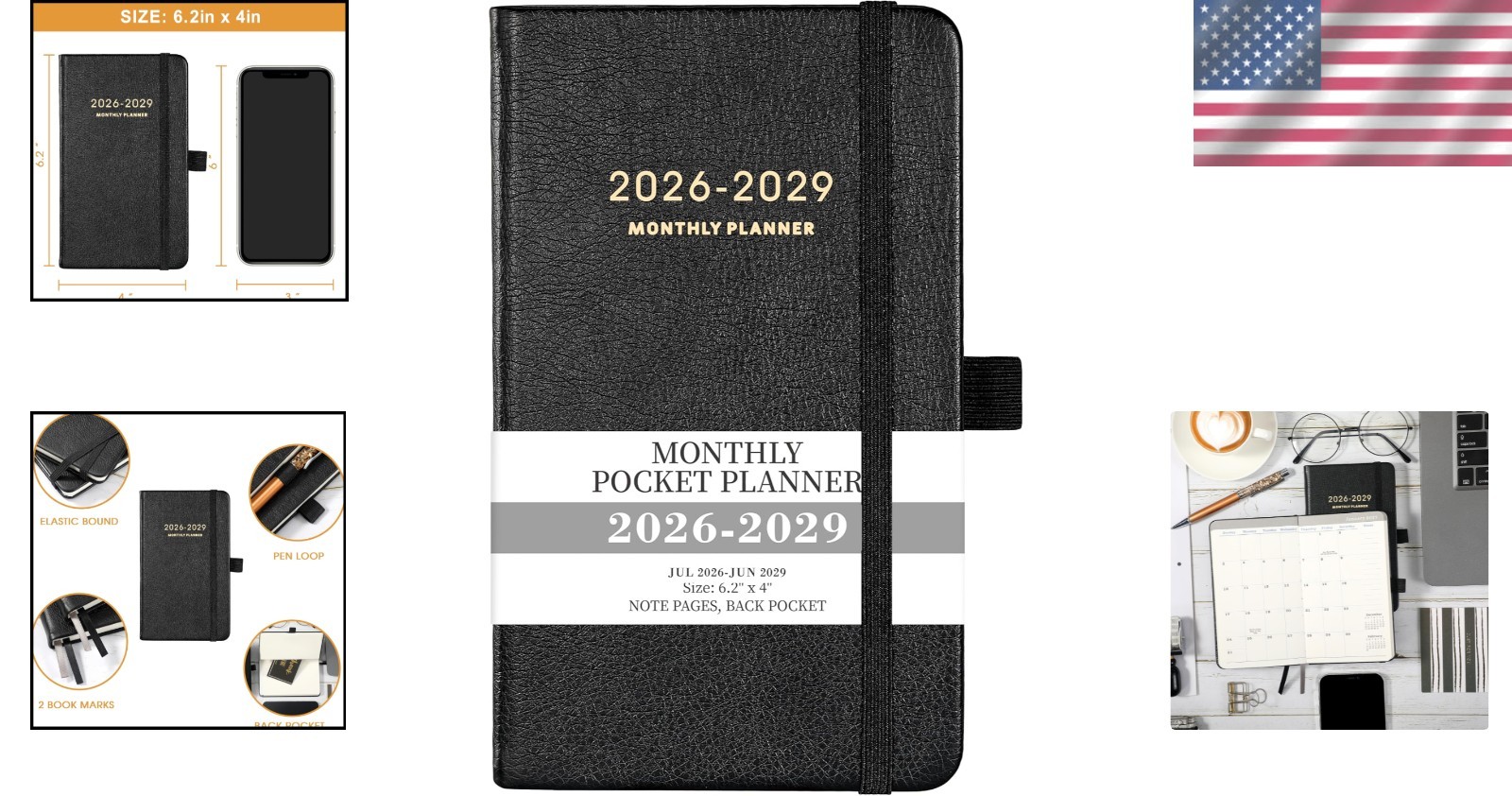 Pocket Planner 2026-2029 Monthly Calendar 6.2 X 4 Inches Leather Black