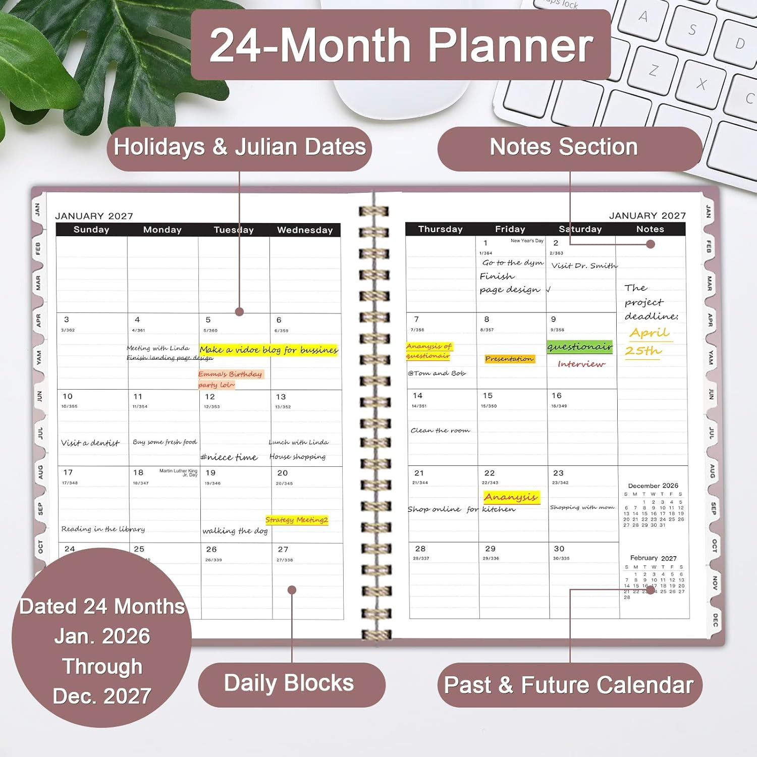 2026-2027 Monthly Planner 8.5″ x 11″ Spiral Bound with Tabs Rose Gold