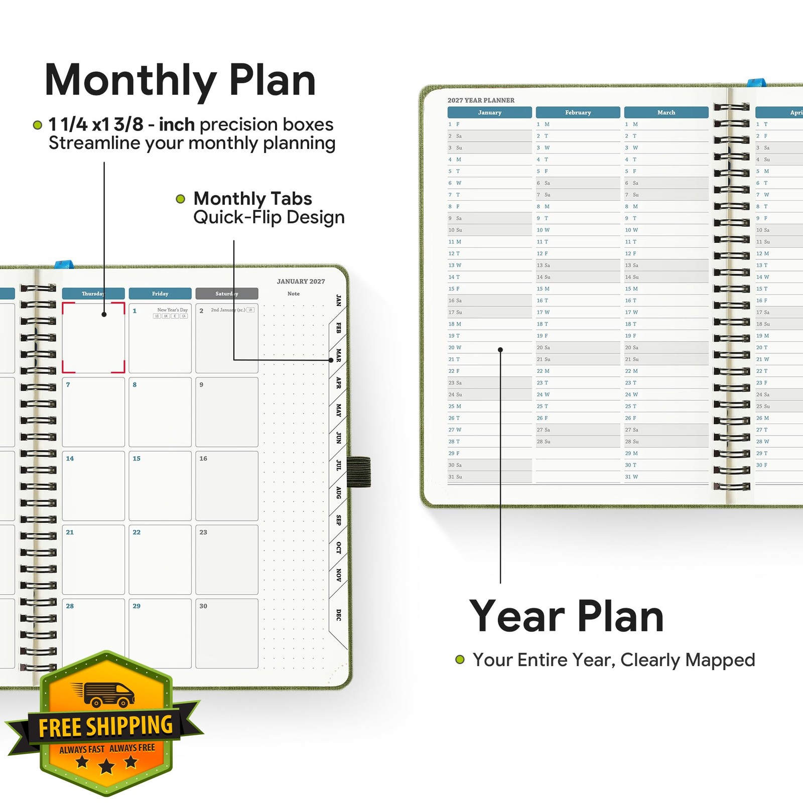 IN-LUXPRO 2026-2027 Planner Green 6.5″x8.5″ Vegan Leather
