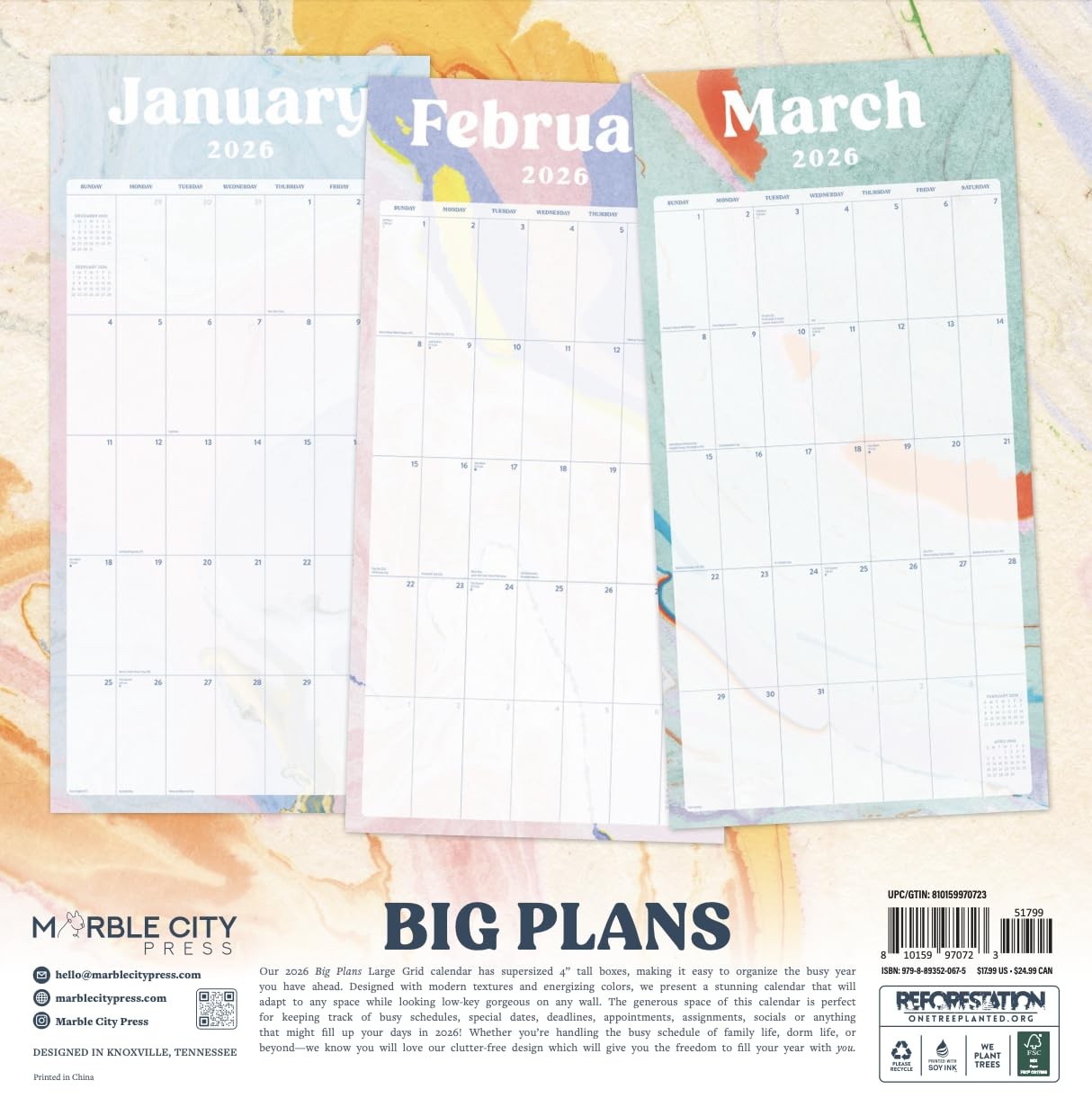 Large Grid 2026 Calendar | 2026 Wall 12 x 24 inches, Grid: Big Plans