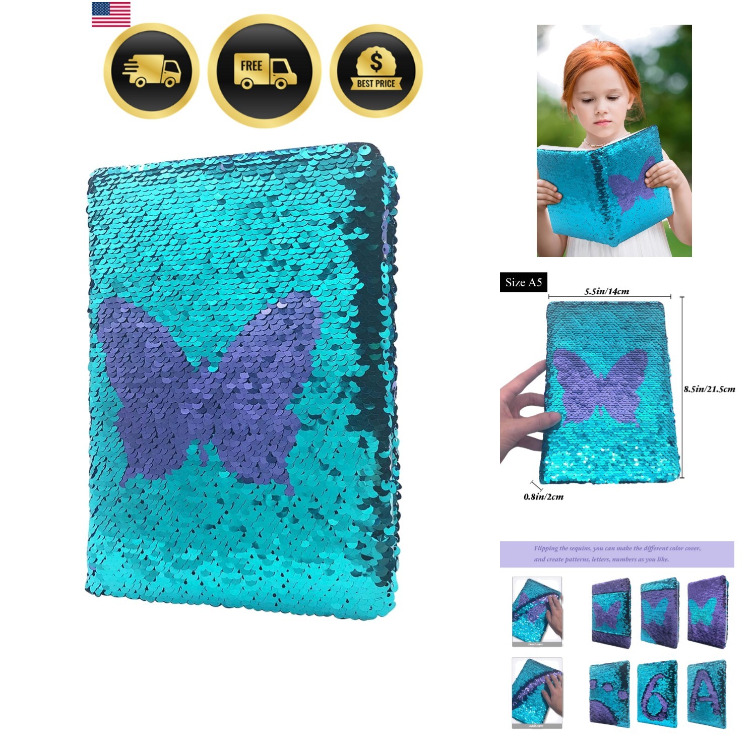 Sequin Girls Journal for Kids, 8.5×5.5 Inches 160 Lined Pages Diary for Girls…