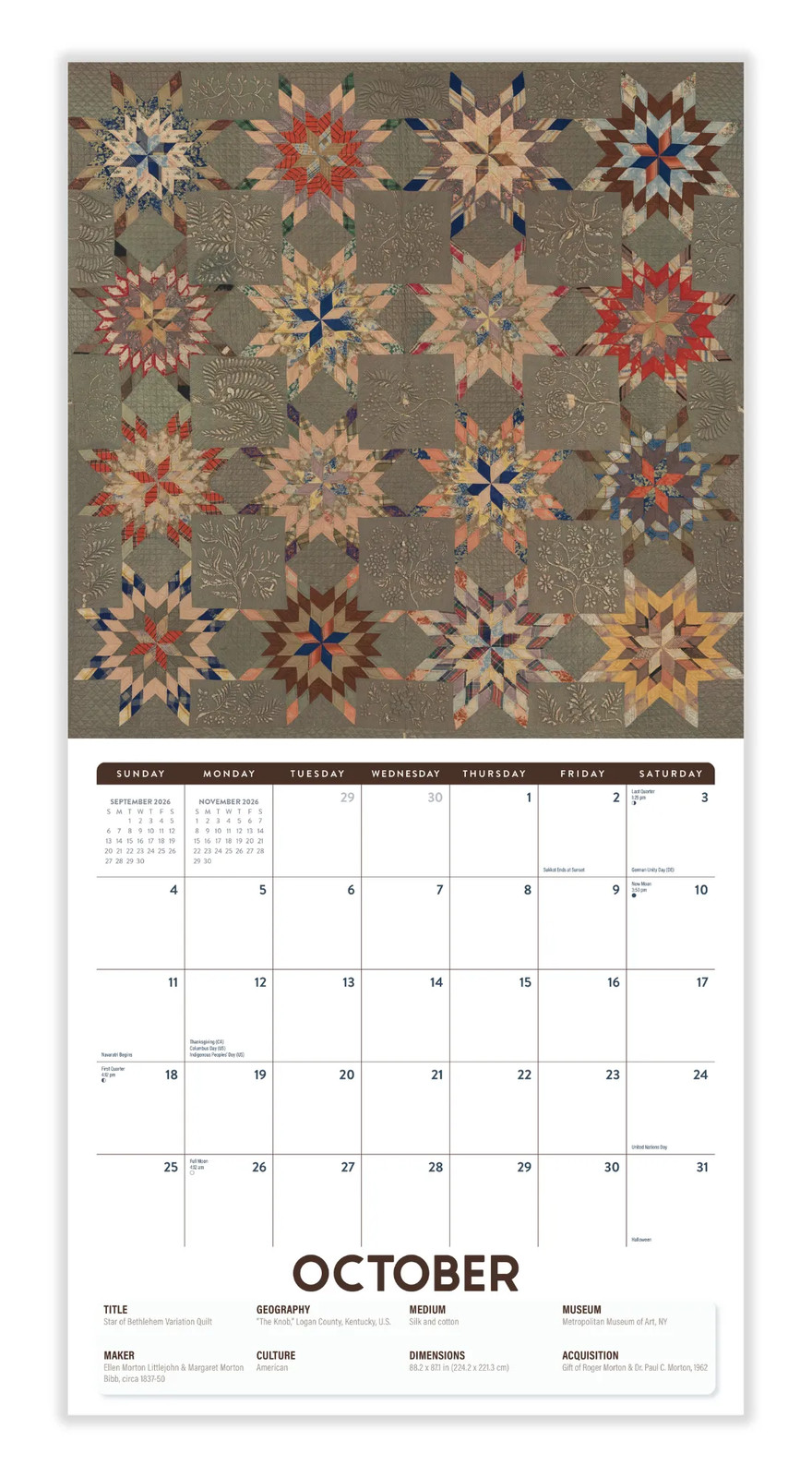 The Artful Quilt Calendar 2026 | 12″ x 24″ 12 Month Calendar | Marble City Press