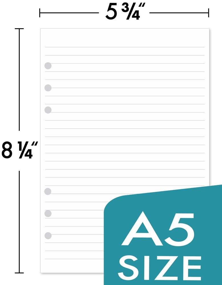 A5 Lined Paper 6-Hole Punched, 100 Sheets (200 Pages), Compatible with Filofa…