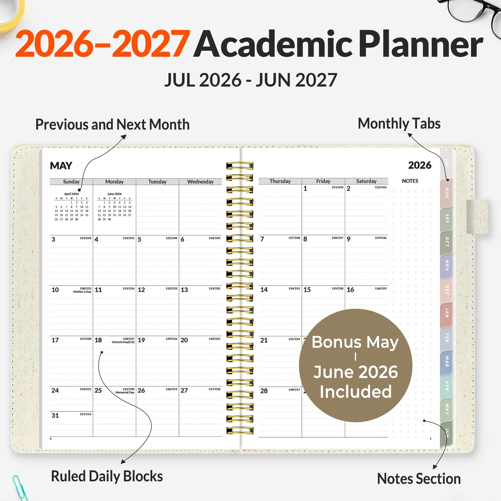 SUNEE 2026-2027 Weekly & Monthly Planner 6.4″x8.5″ – 12 6.4″x8.5″, Beige