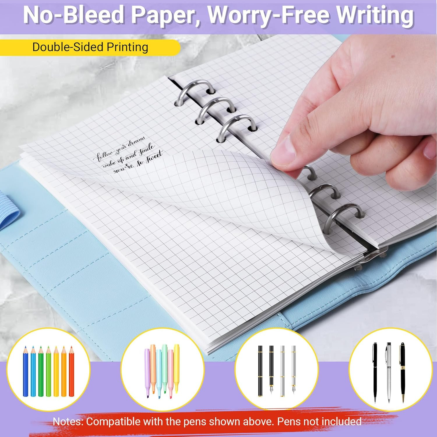 A6 Grid Refill Paper 6-Hole Planner Inserts for A6 6-Ring Refillable Binder, 135
