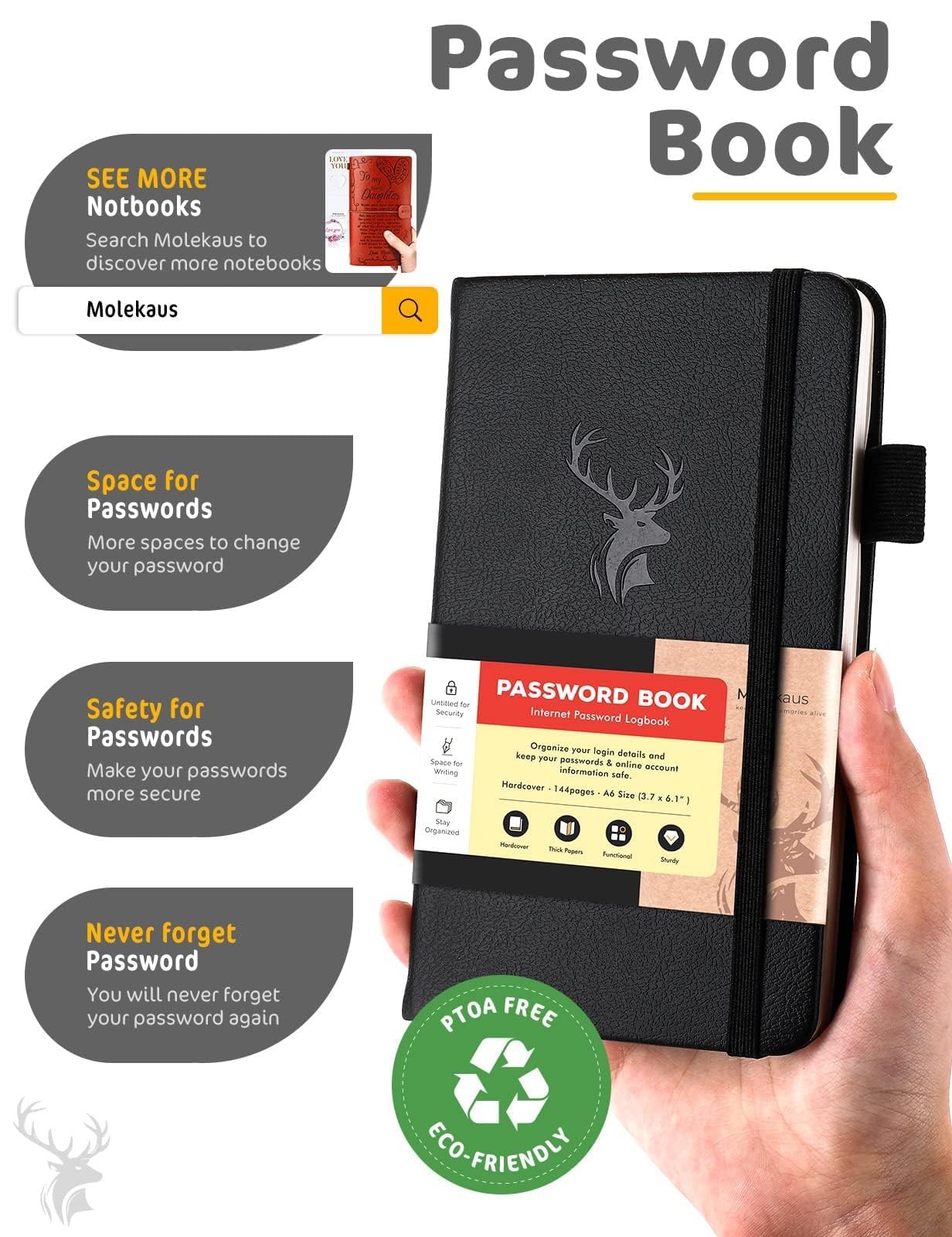 Password Book Alphabetical Tabs Internet Log In 144 Pages Black Faux Leather 6.1
