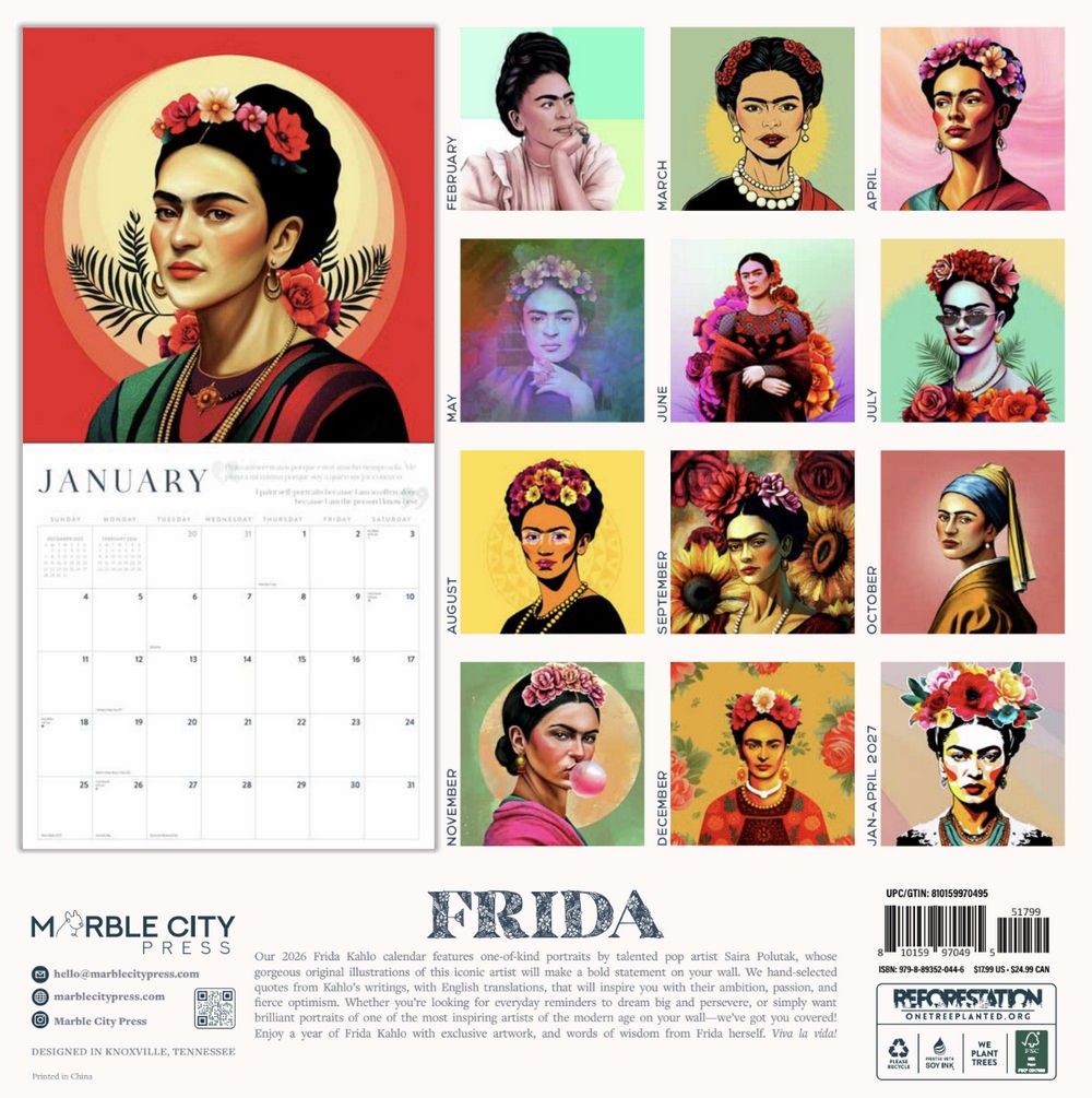 Frida Kahlo Calendar 2026 | 12″ x 24″ 12 Month Calendar | Marble City Press