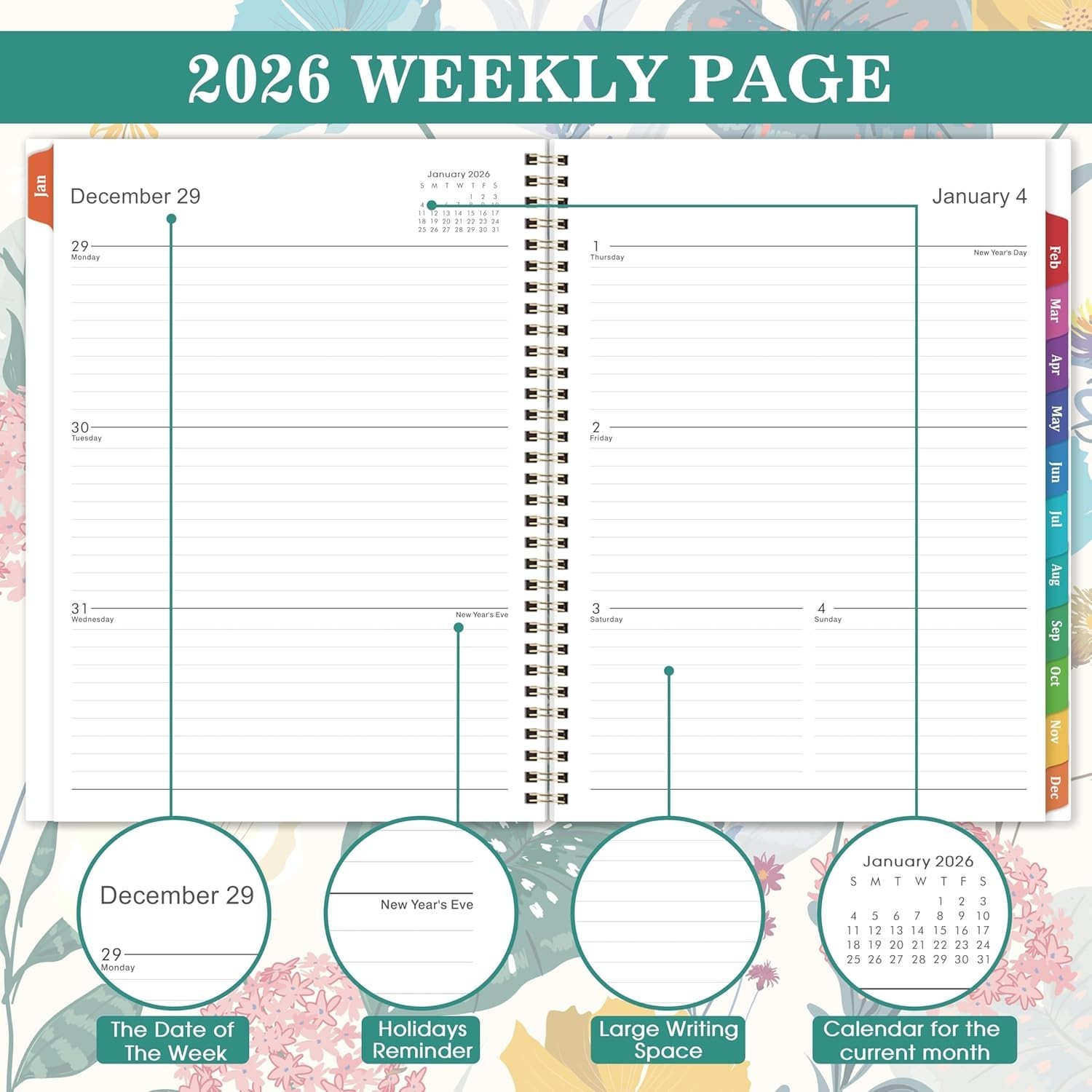 2026 Weekly & Monthly Planner 9×11 Jan–Dec Twin Wire Binding with Tabs