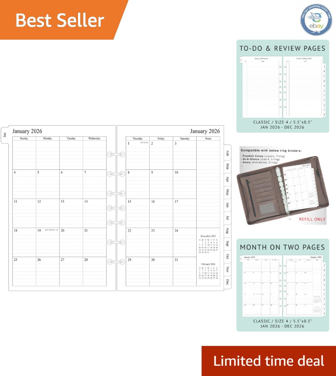 Stay Organized: 2026 Monthly Planner Refills with Coated Tabs & To-Do Pages
