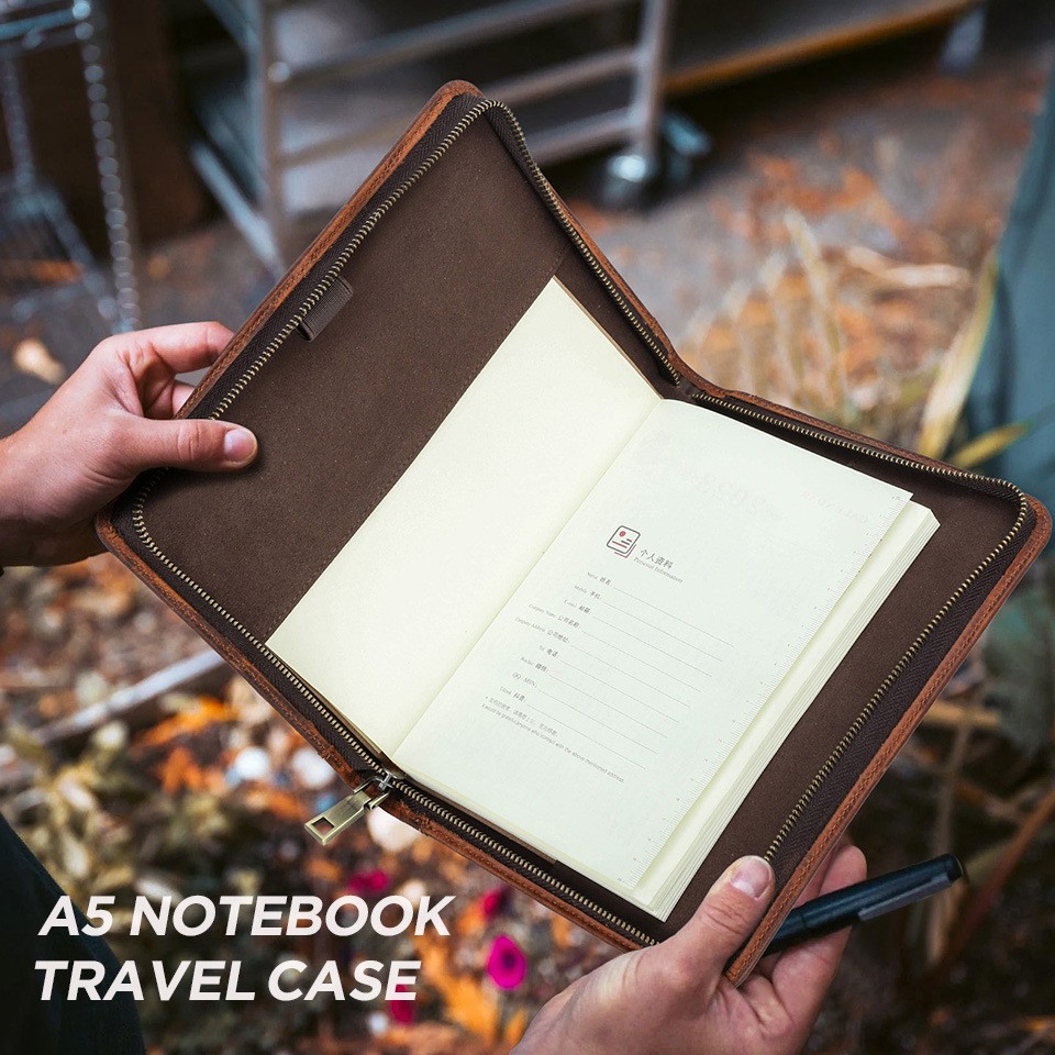 A5 Leather Journal Cover Zippered Portfolio Business Notebook Sleeve Pen Holder
