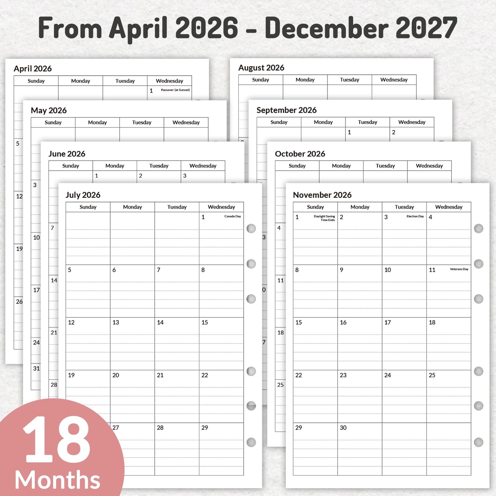 2026 Monthly Planner Refills, Apr 2026 – Dec 2027, 6-Hole Punched Planner Ins…