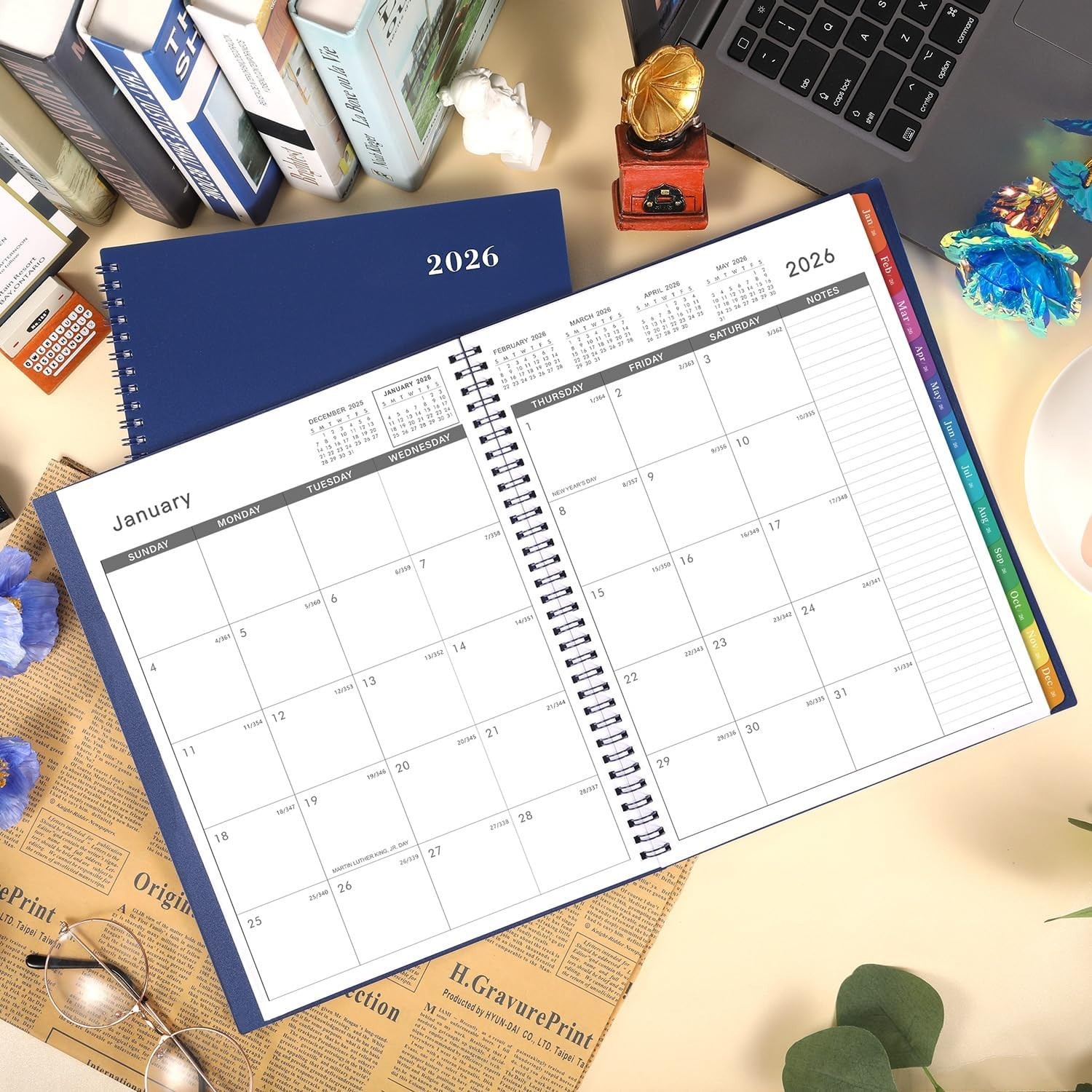 Stylish 2026 Monthly Planner – Twin-Wire Binding, Contacts & Passwords – Navy