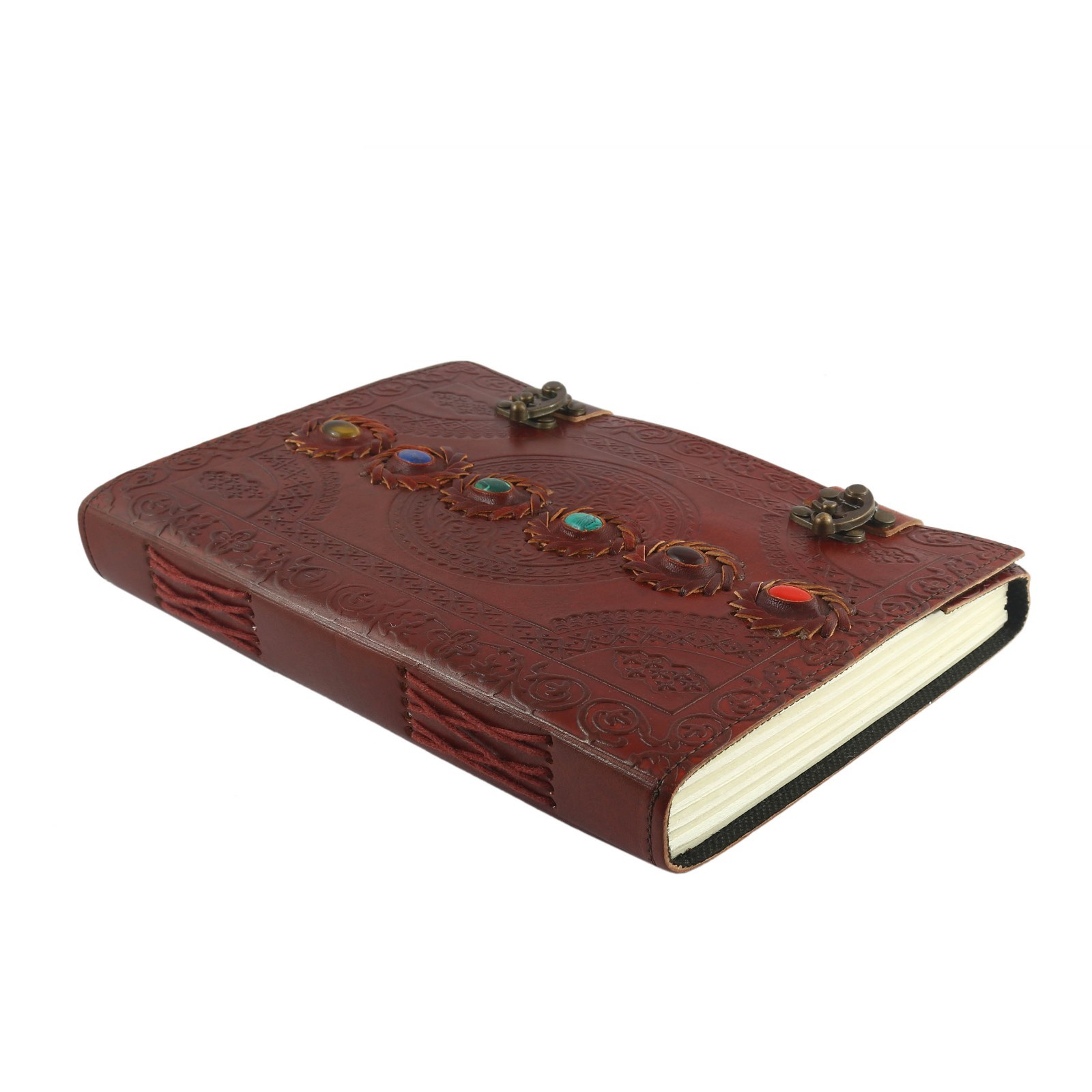 Handmade Brown Leather Journal Notebook with Stone Embellishments & Metal Clasp