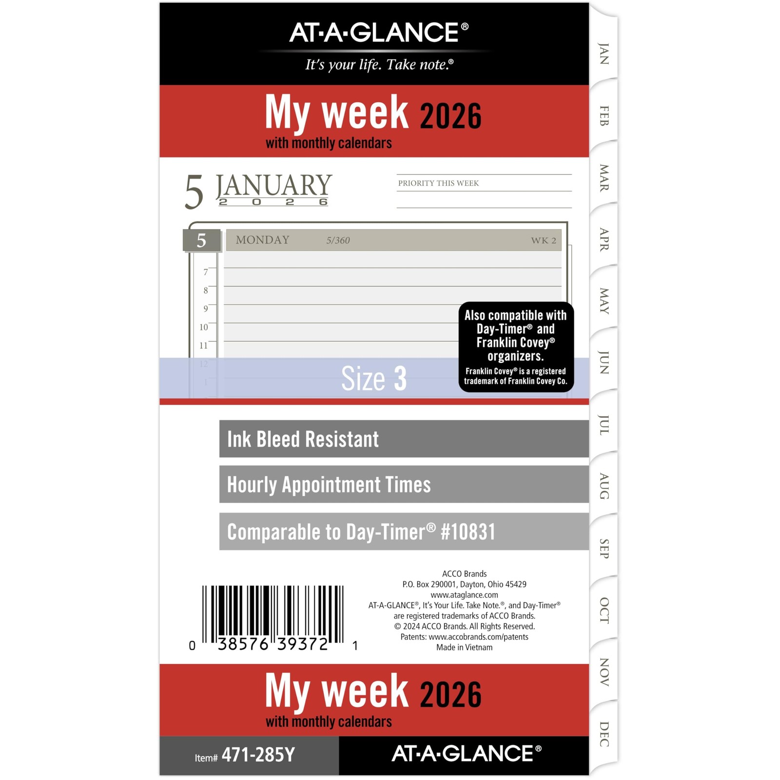 AT-A-GLANCE 2026 Planner Refill, Weekly & Monthly, 3.75″ x Size 3, White