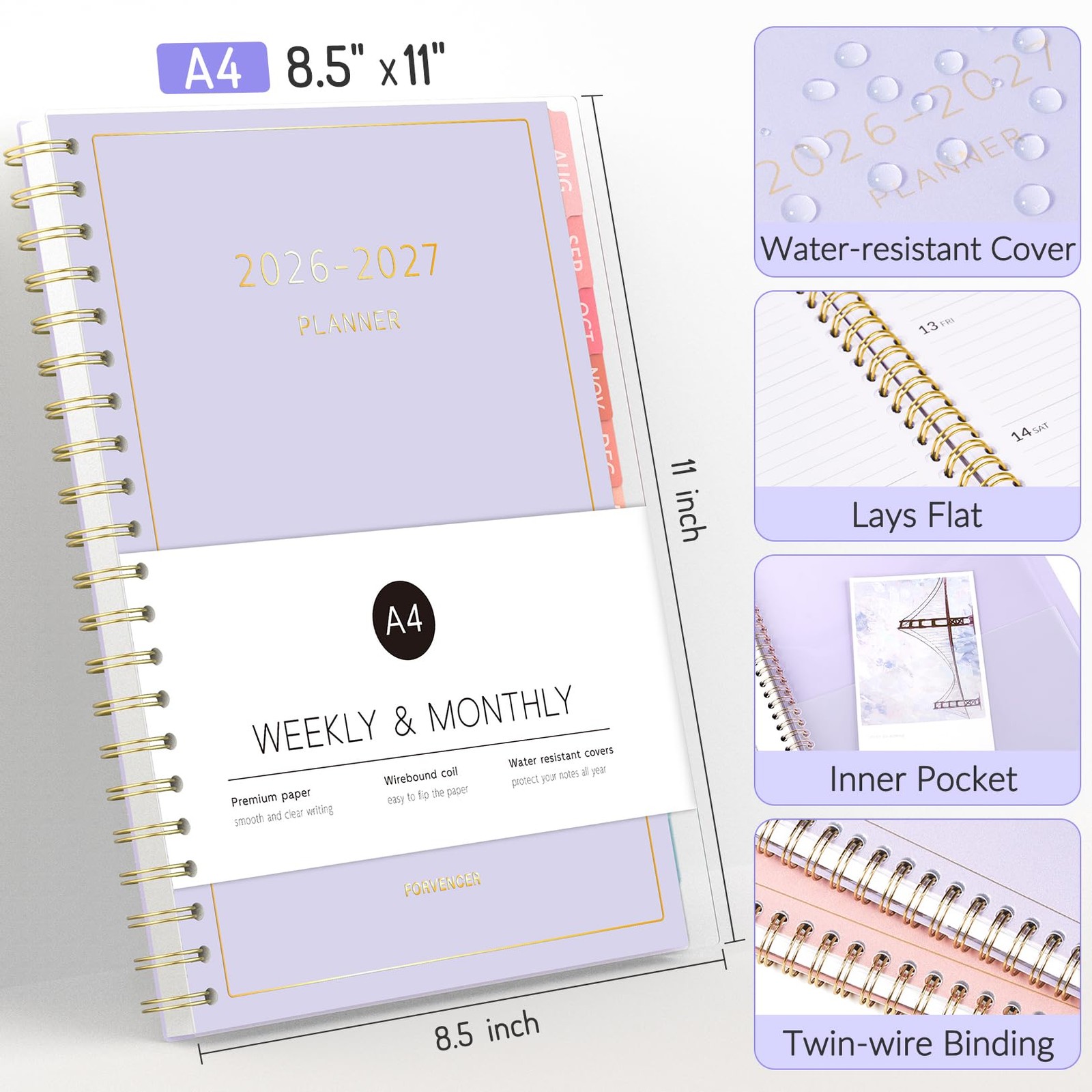 Aug 2026 – Dec 2027 Planner, Forvencer 17 Month Academic 8.5″ x 11″, Purple