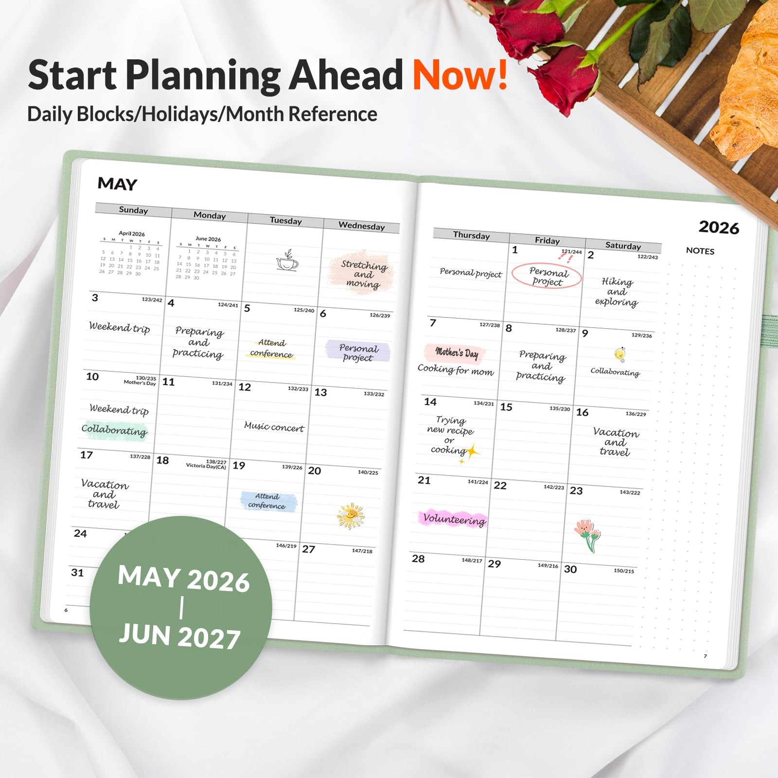 SUNEE 2026-2027 Weekly & Monthly Hardcover Planner 5.5″ 5.5″x8.3″, Grey Green