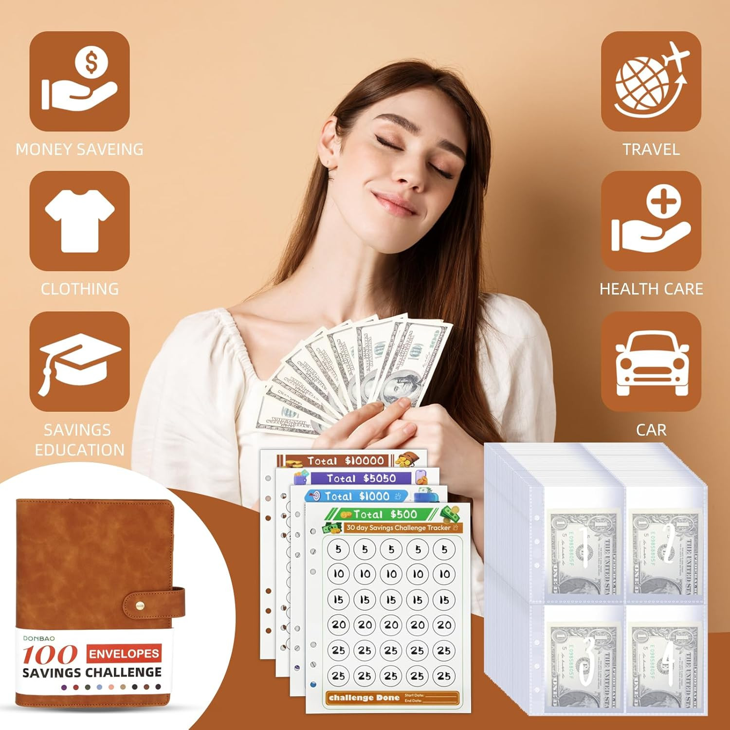 A5 Budget Binder with 100 Envelopes & Savings Challenge Tracker (Brown)