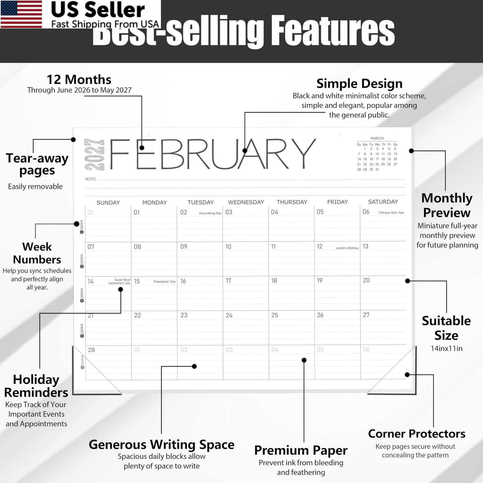 GuassLee Desk Calendar 2026, 12-Month 14″x11″, Jun White 12 month