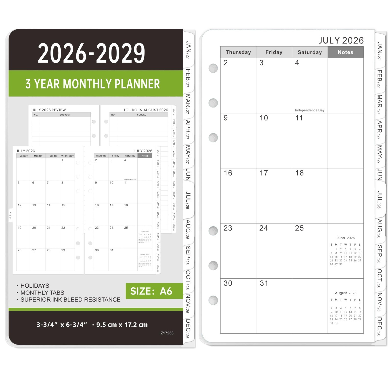 2026-2029 Monthly Planner Refill – A6 Size, Planner Inserts with 6-Hole Punched,